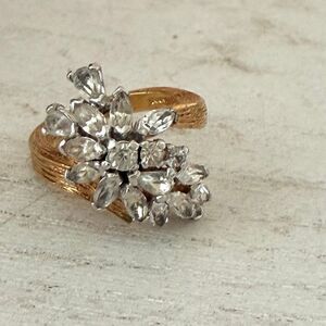 Vintage Panetta Gold-Tone Clear Rhinestone Floral Statement Ring